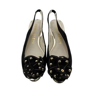 Anne Klein AK Farrah Black Suede Gold Stud Bow Slingback Heels Sz 6 M NWOB